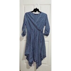 Mlle Gabrielle L Faux Wrap Dress Navy White Stripe handkerchief hem